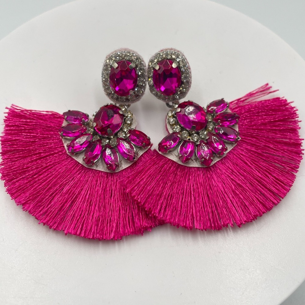 VTG Y2K Hot Pink Tassel Statement Earrings Rhinestone Crystal Drop Lobe Love Max